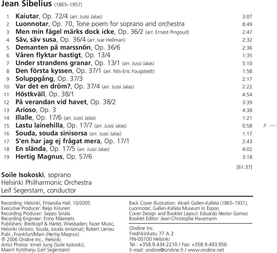 Jussi Jalas) 5:10 8 Den första kyssen, Op. 37/1 (arr. Nils-Eric Fougstedt) 1:58 9 Soluppgång, Op. 37/3 2:17 10 Var det en dröm?, Op. 37/4 (arr. Jussi Jalas) 2:22 11 Höstkväll, Op.