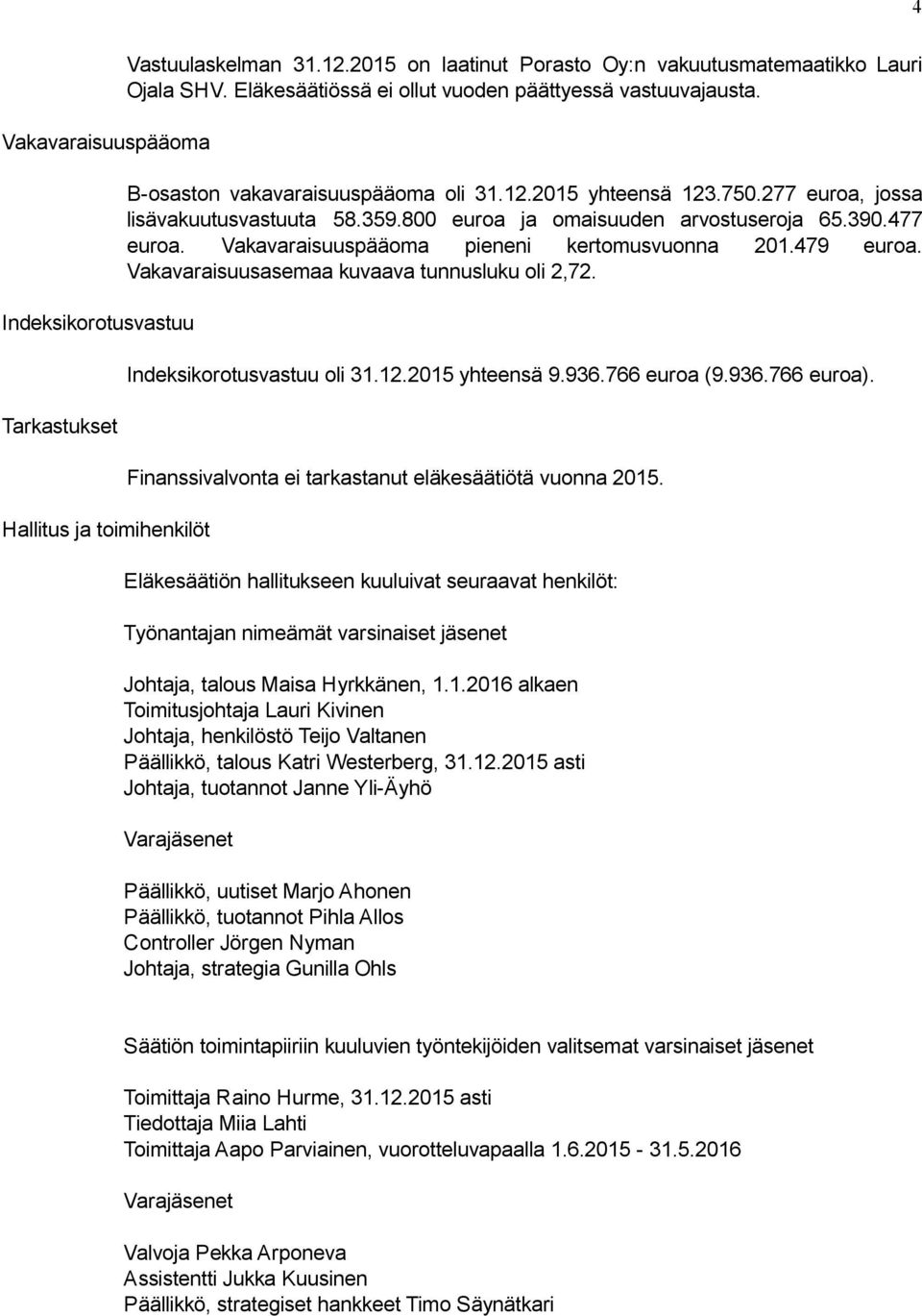 800 euroa ja omaisuuden arvostuseroja 65.390.477 euroa. Vakavaraisuuspääoma pieneni kertomusvuonna 201.479 euroa. Vakavaraisuusasemaa kuvaava tunnusluku oli 2,72. Indeksikorotusvastuu oli 31.12.