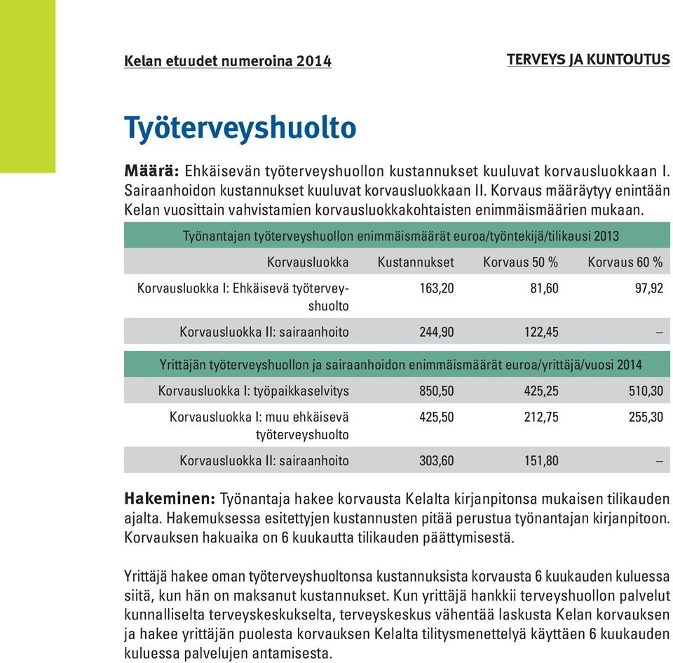 Työnantajan työterveyshuollon enimmäismäärät euroa/työntekijä/tilikausi 2013 Korvausluokka Kustannukset Korvaus 50 % Korvaus 60 % Korvausluokka I: Ehkäisevä työterveyshuolto 163,20 81,60 97,92