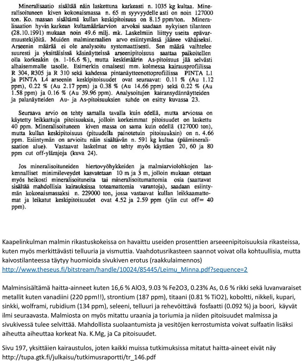 sequence=2 Malminsisältämä haitta-ainneet kuten 16,6 % AlO3, 9.03 % Fe2O3, 0.23% As, 0.6 % rikki sekä luvanvaraiset metallit kuten vanadiini (220 ppm!!), strontium (187 ppm), titaani (0.