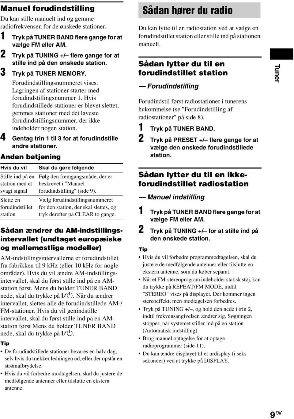 Hvis forudindstillede stationer er blevet slettet, gemmes stationer med det laveste forudindstillingsnummer, der ikke indeholder nogen station.