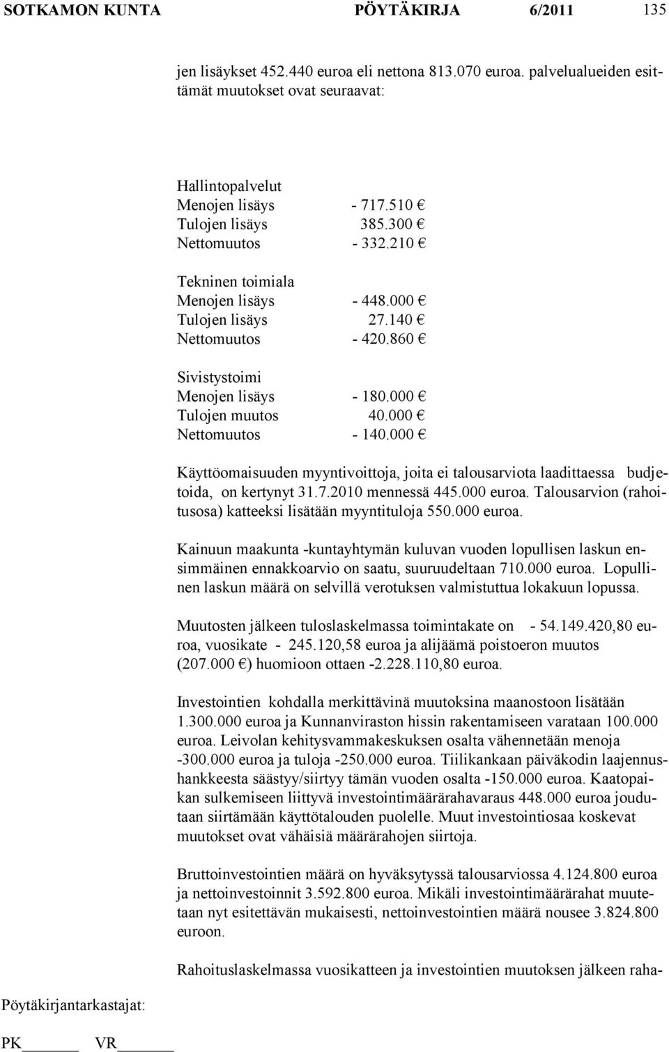 000 Nettomuutos - 140.000 Käyttöomaisuuden myyntivoittoja, joita ei talousarviota laadittaessa budjetoida, on kertynyt 31.7.2010 mennessä 445.000 euroa.