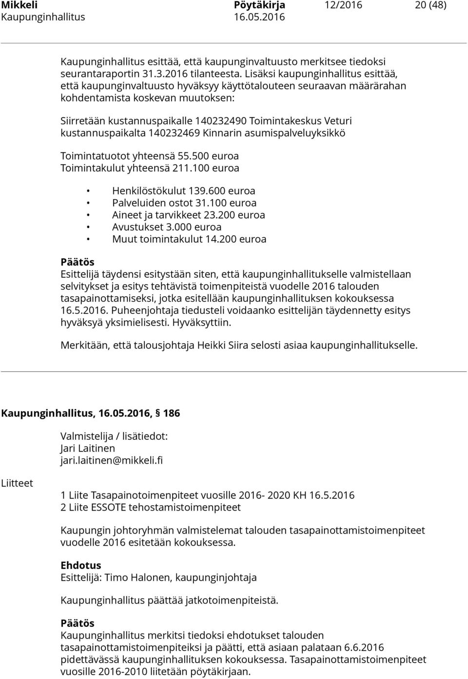 kustannuspaikalta 140232469 Kinnarin asumispalveluyksikkö Toimintatuotot yhteensä 55.500 euroa Toimintakulut yhteensä 211.100 euroa Henkilöstökulut 139.600 euroa Palveluiden ostot 31.