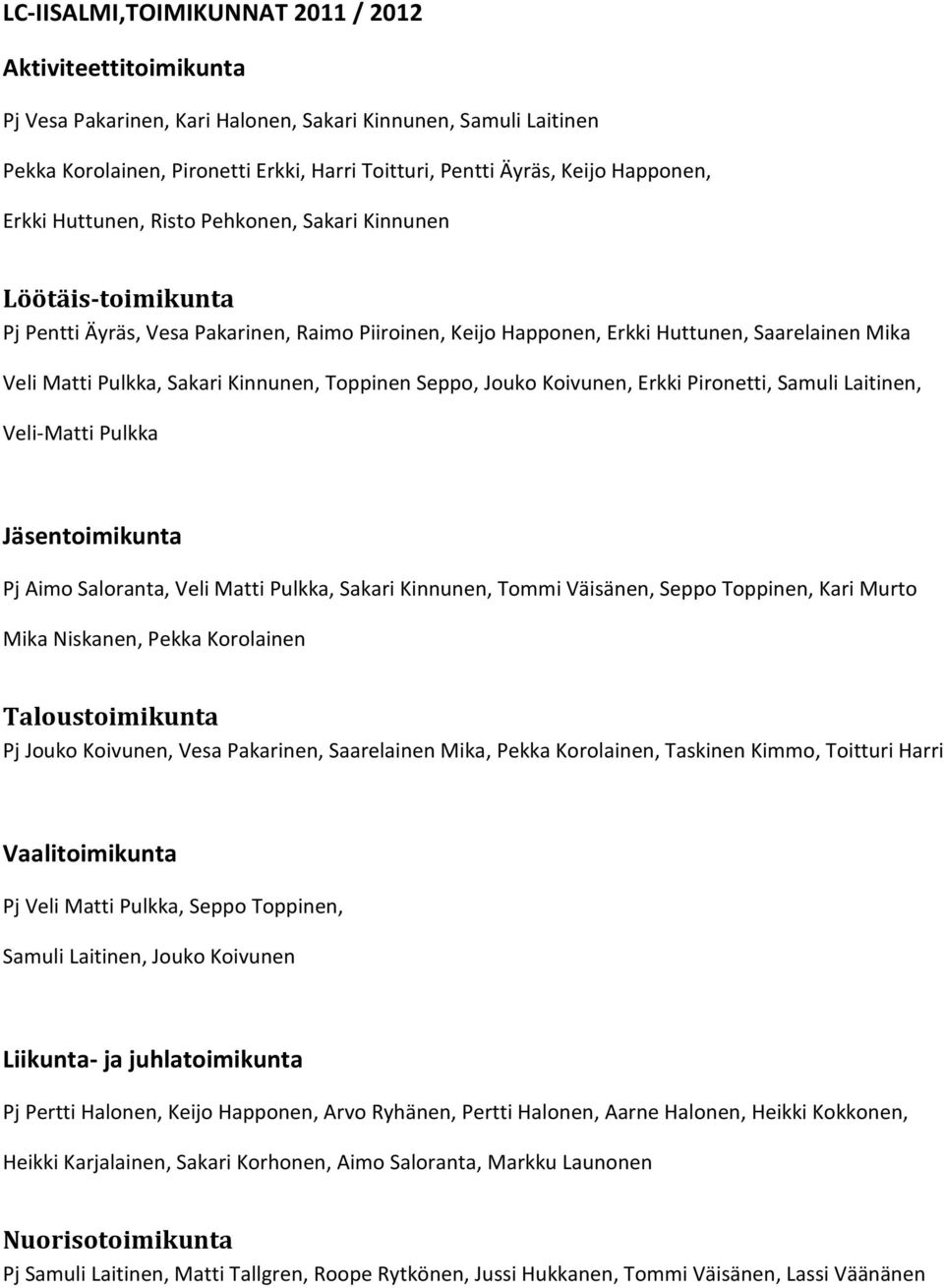 Sakari Kinnunen, Toppinen Seppo, Jouko Koivunen, Erkki Pironetti, Samuli Laitinen, Veli-Matti Pulkka Jäsentoimikunta Pj Aimo Saloranta, Veli Matti Pulkka, Sakari Kinnunen, Tommi Väisänen, Seppo