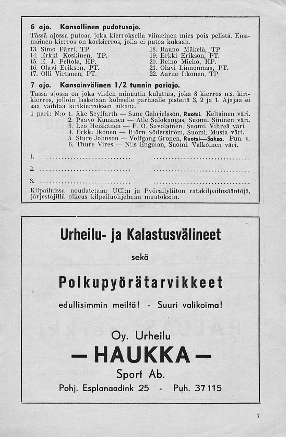 22. Aarne Itkonen, TP. 7 ajo. Kansainvälinen 1/2 tunnin pariajo. Tässä ajossa on joka viiden minuutin kuluttua, joka 8 kierros n.s. kirikierros, jolloin lasketaan kolmelle parhaalle pisteitä 3, 2 ja 1.