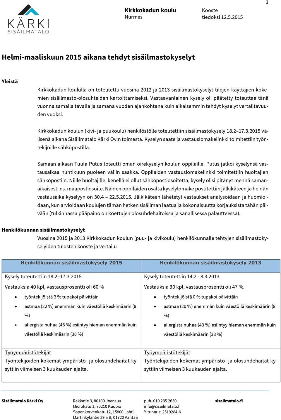 Kirkkokadun koulun (kivi- ja puukoulu) henkilöstölle toteutettiin sisäilmastokysely 18.2 17.3.2015 välisenä aikana Sisäilmatalo Kärki Oy:n toimesta.