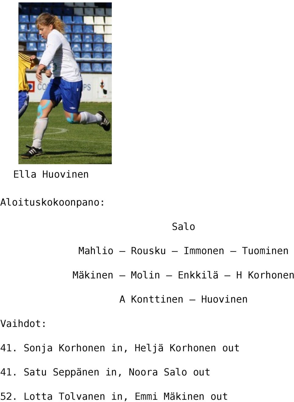 Vaihdot: 41. Sonja Korhonen in, Heljä Korhonen out 41.