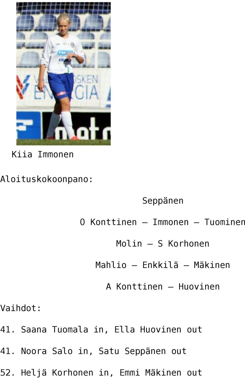 Huovinen Vaihdot: 41. Saana Tuomala in, Ella Huovinen out 41.