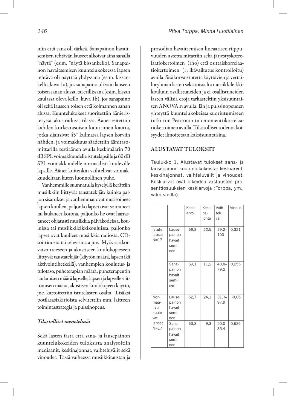 kissan kaulassa oleva kello, kuva 1b), jos sanapaino oli sekä lauseen toisen että kolmannen sanan alussa. Kuuntelukokeet suoritettiin äänieristetyssä, akustoidussa tilassa.