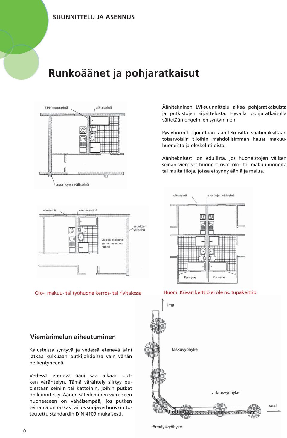 Ääniteknisesti on edullista, jos huoneistojen välisen seinän viereiset huoneet ovat olo- tai makuuhuoneita tai muita tiloja, joissa ei synny ääniä ja melua.