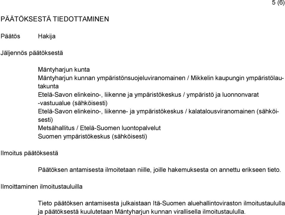 kalatalousviranomainen (sähköisesti) Metsähallitus / Etelä-Suomen luontopalvelut Suomen ympäristökeskus (sähköisesti) Päätöksen antamisesta ilmoitetaan niille, joille hakemuksesta on annettu