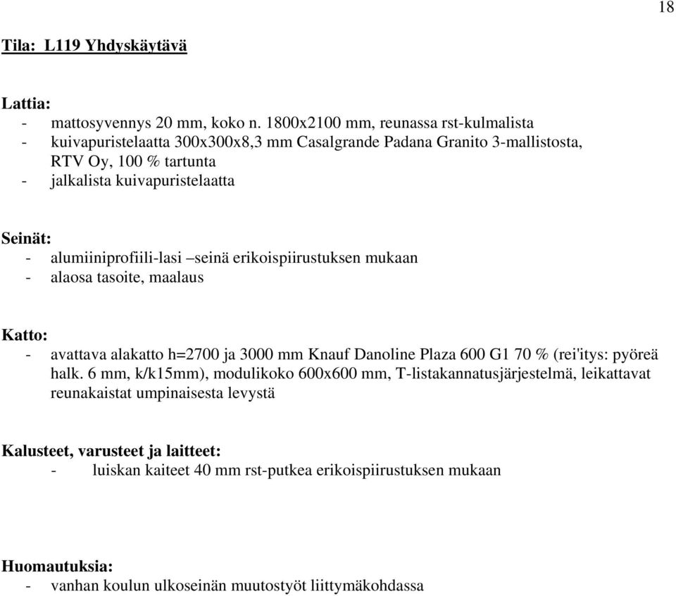 kuivapuristelaatta - alumiiniprofiili-lasi seinä erikoispiirustuksen mukaan - alaosa tasoite, maalaus - avattava alakatto h=2700 ja 3000 mm Knauf Danoline