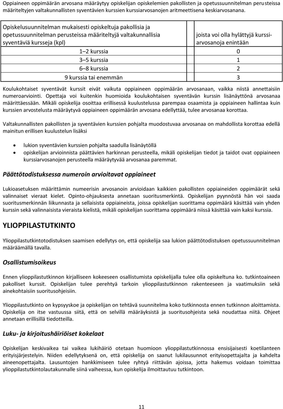 Opiskelusuunnitelman mukaisesti opiskeltuja pakollisia ja opetussuunnitelman perusteissa määriteltyjä valtakunnallisia syventäviä kursseja (kpl) joista voi olla hylättyjä kurssiarvosanoja enintään 1