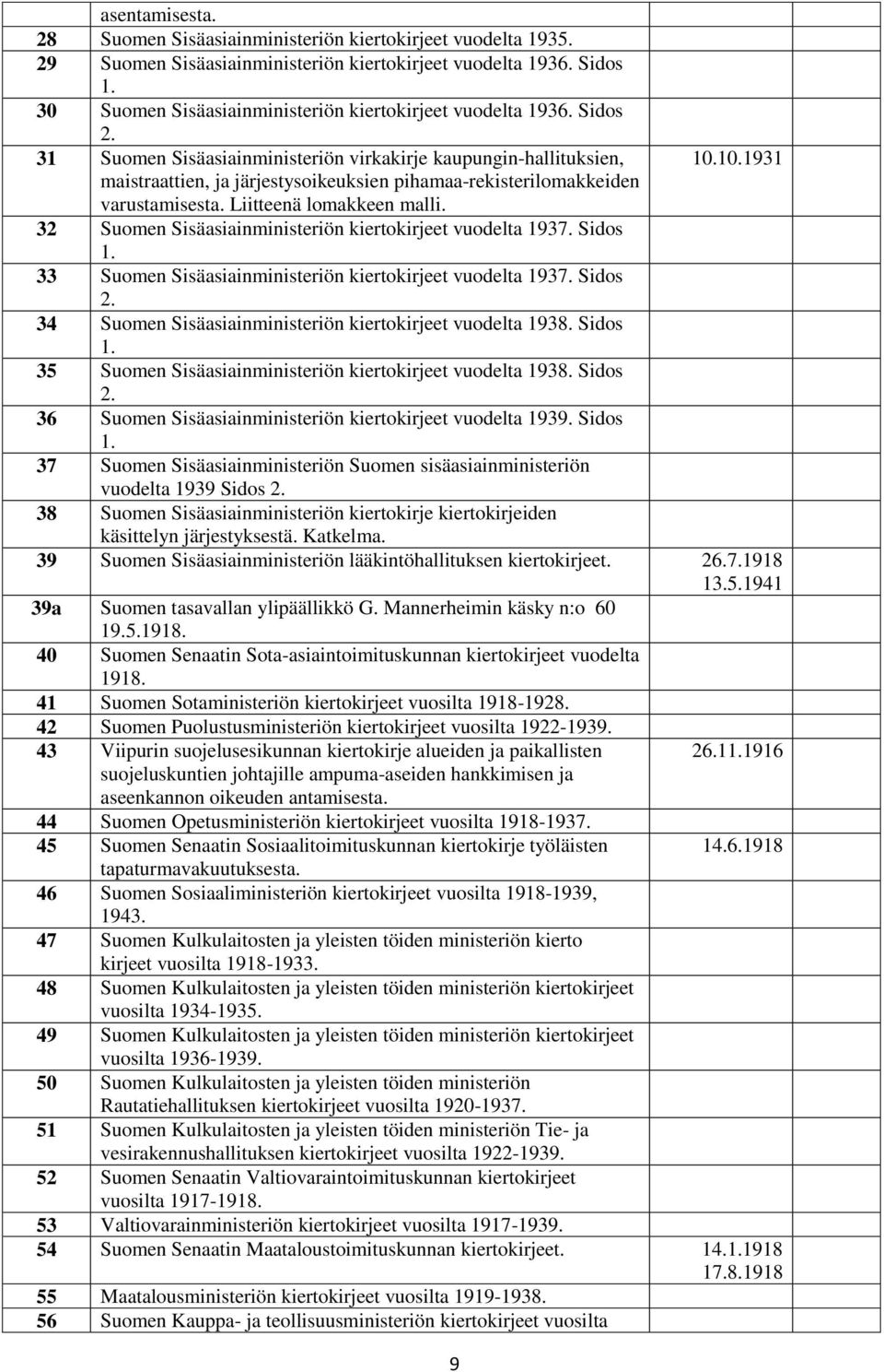 31 Suomen Sisäasiainministeriön virkakirje kaupungin-hallituksien, maistraattien, ja järjestysoikeuksien pihamaa-rekisterilomakkeiden varustamisesta. Liitteenä lomakkeen malli. 9 10.