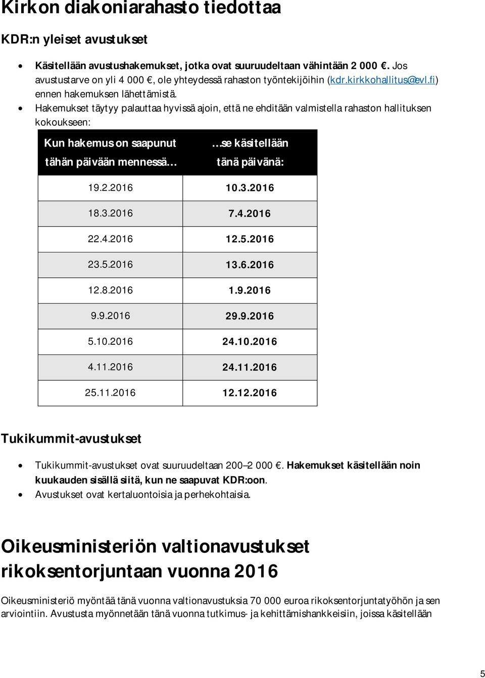 Hakemukset täytyy palauttaa hyvissä ajoin, että ne ehditään valmistella rahaston hallituksen kokoukseen: Kun hakemus on saapunut tähän päivään mennessä se käsitellään tänä päivänä: 19.2.2016 10.3.