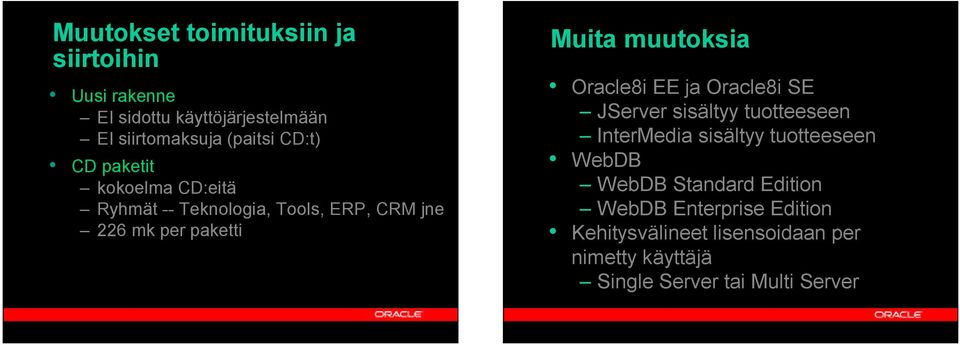 muutoksia Oracle8i EE ja Oracle8i SE JServer sisältyy tuotteeseen InterMedia sisältyy tuotteeseen WebDB WebDB