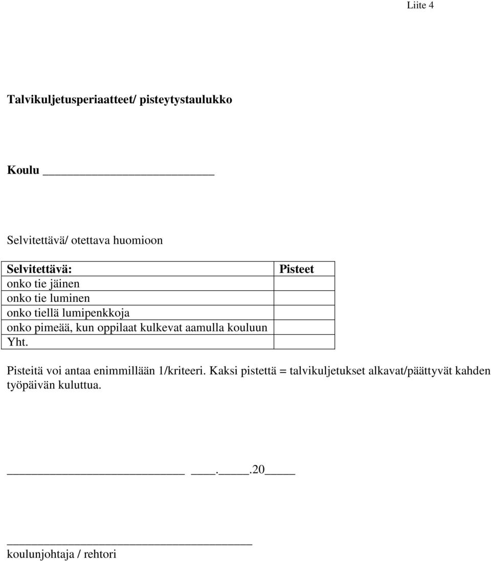 oppilaat kulkevat aamulla kouluun Yht. Pisteet Pisteitä voi antaa enimmillään 1/kriteeri.