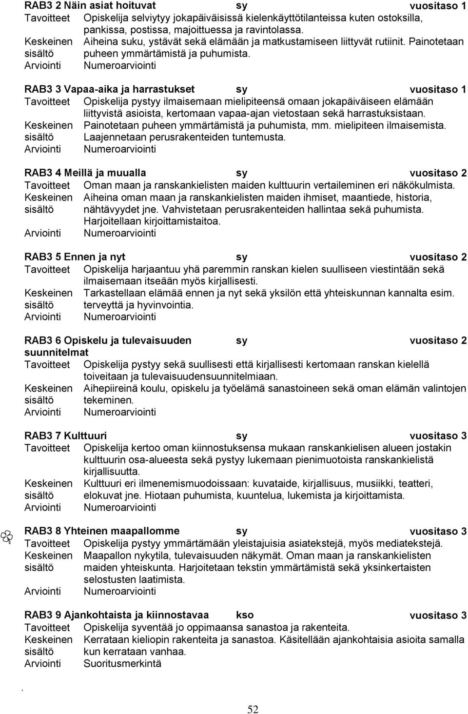 RAB3 3 Vapaa-aika ja harrastukset sy vuositaso 1 Tavoitteet Opiskelija pystyy ilmaisemaan mielipiteensä omaan jokapäiväiseen elämään liittyvistä asioista, kertomaan vapaa-ajan vietostaan sekä