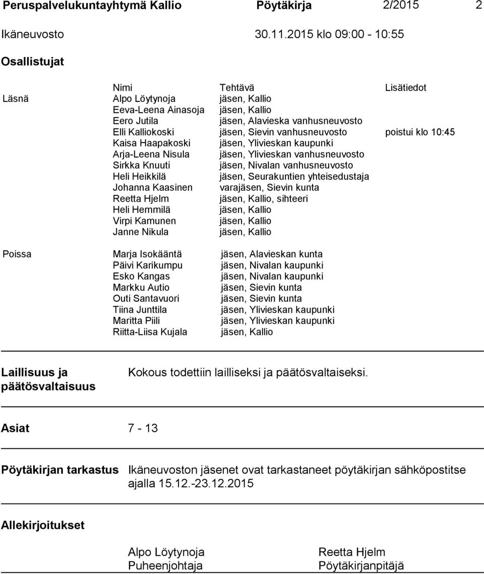 Sievin vanhusneuvosto poistui klo 10:45 Kaisa Haapakoski jäsen, Ylivieskan kaupunki Arja-Leena Nisula jäsen, Ylivieskan vanhusneuvosto Sirkka Knuuti jäsen, Nivalan vanhusneuvosto Heli Heikkilä jäsen,