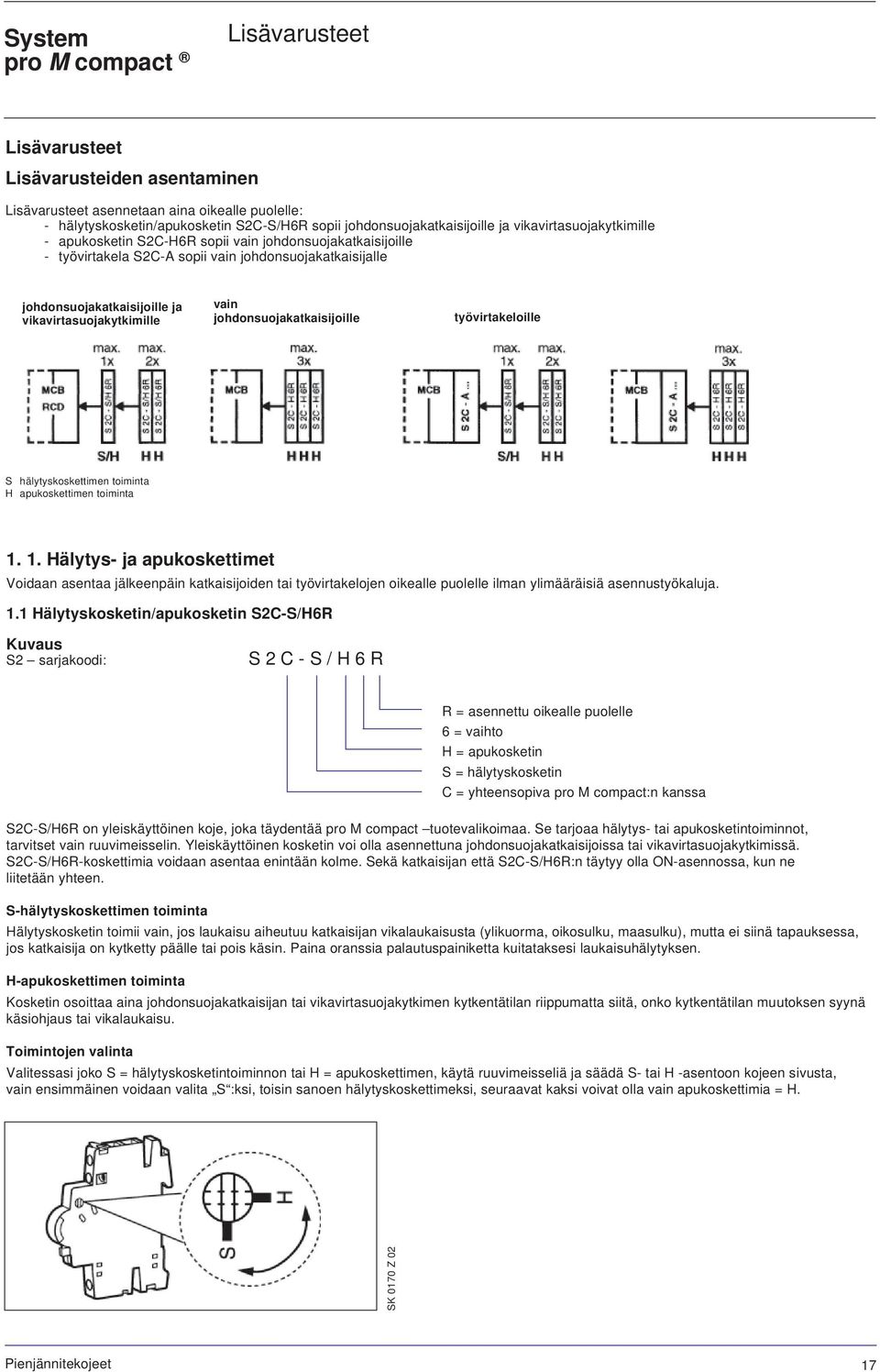 johdonsuojakatkaisijoille työvirtakeloille S hälytyskoskettimen toiminta H apukoskettimen toiminta 1.