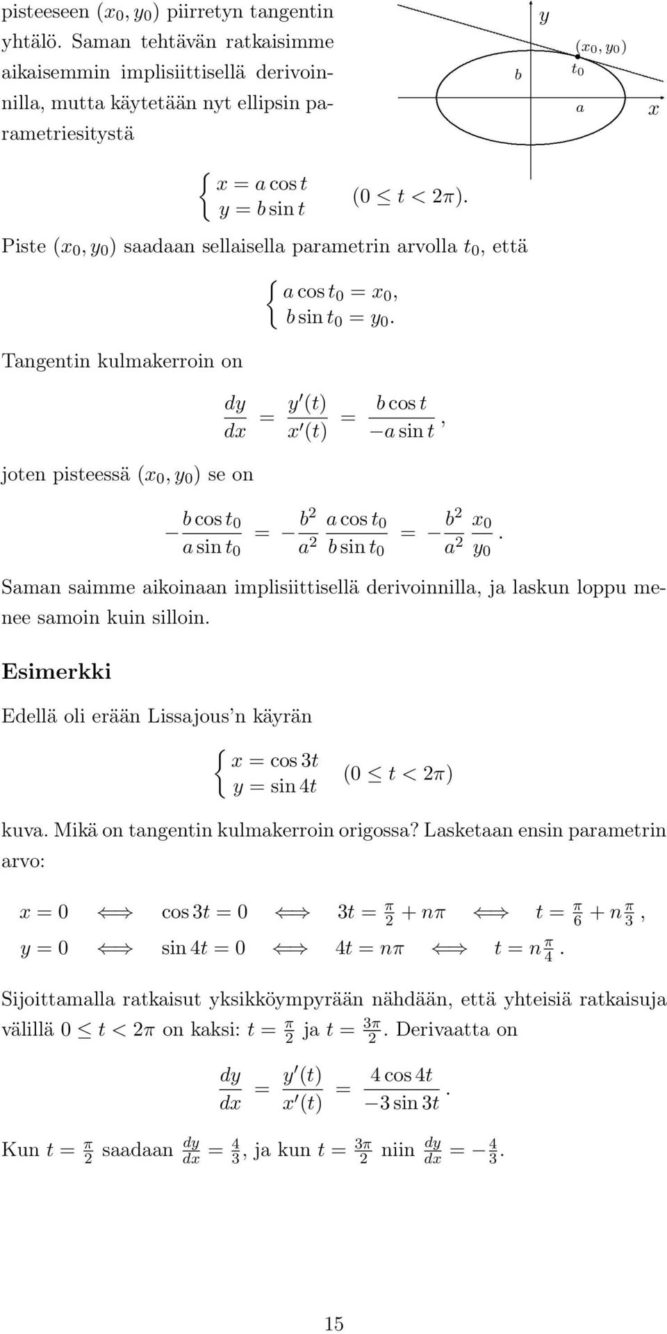 cos t 0 a sin t 0 = b2 a 2 a cos t 0 b sin t 0 = b2 a 2 0 0 Saman saimme aikoinaan implisiittisellä derivoinnilla, ja laskun loppu menee samoin kuin silloin Edellä oli erään Lissajous n kärän { = cos