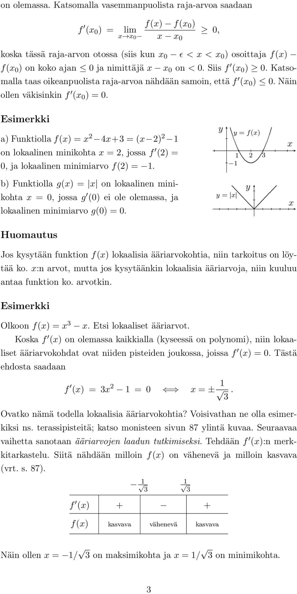 = 0, ja lokaalinen minimiarvo f(2) = = f() 2 b) Funktiolla g() = on lokaalinen minikohta = 0, jossa g (0) ei ole olemassa, ja lokaalinen minimiarvo g(0) = 0 = Huomautus Jos kstään funktion f()