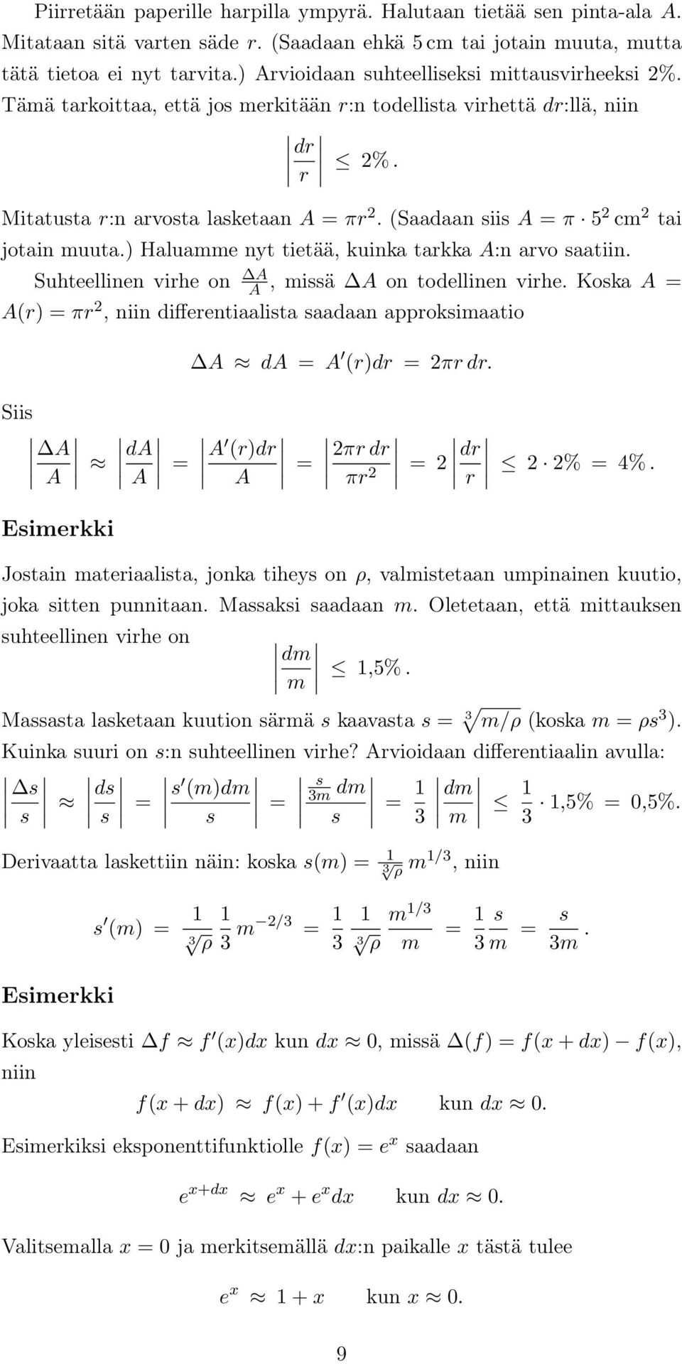 nt tietää, kuinka tarkka A:n arvo saatiin Suhteellinen virhe on A A, missä A on todellinen virhe Koska A = A(r) = πr 2, niin differentiaalista saadaan approksimaatio A da = A (r)dr = 2πr dr Siis A A