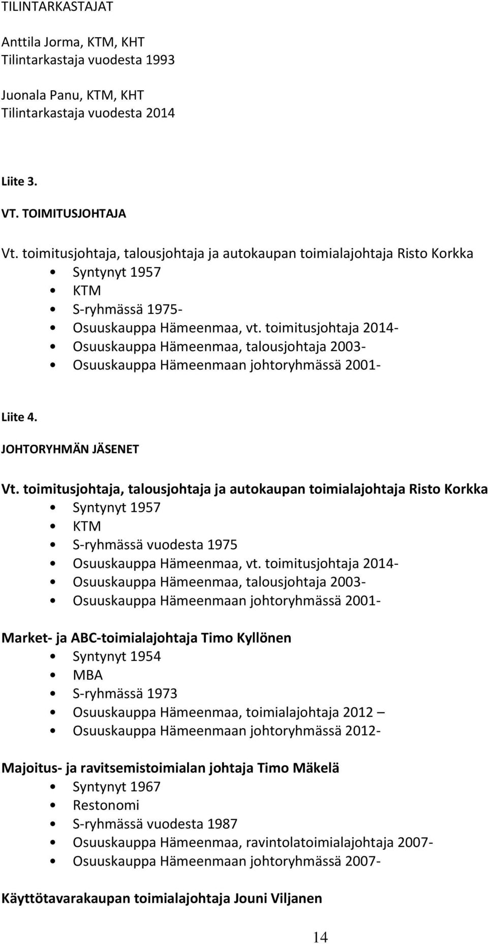 toimitusjohtaja 2014- Osuuskauppa Hämeenmaa, talousjohtaja 2003- Osuuskauppa Hämeenmaan johtoryhmässä 2001- Liite 4. JOHTORYHMÄN JÄSENET Vt.
