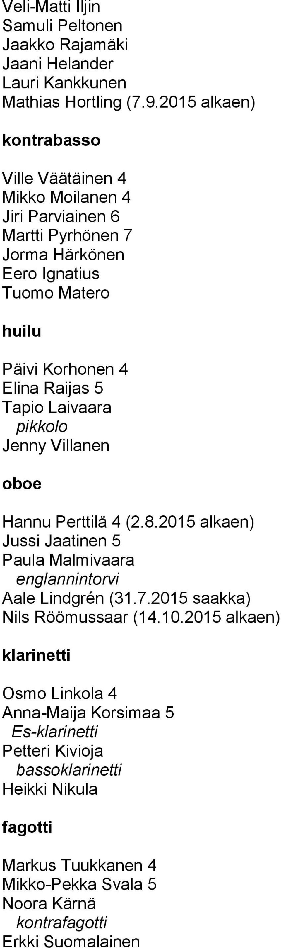 Raijas 5 Tapio Laivaara pikkolo Jenny Villanen oboe Hannu Perttilä 4 (2.8.2015 alkaen) Jussi Jaatinen 5 Paula Malmivaara englannintorvi Aale Lindgrén (31.7.
