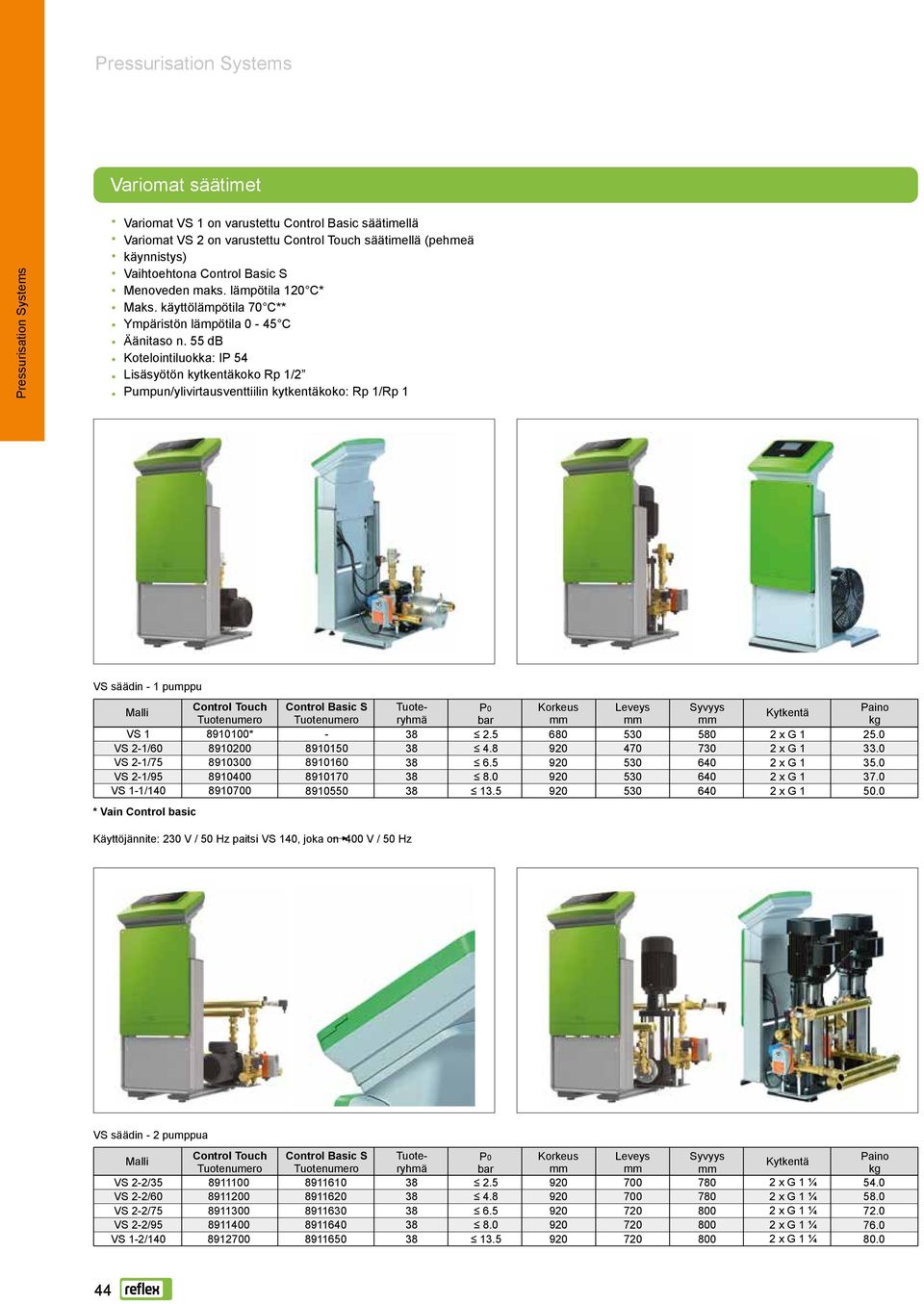 55 db Kotelointiluokka: IP 54 Lisäsyötön kytkentäkoko Rp 1/2 Pumpun/ylivirtausventtiilin kytkentäkoko: Rp 1/Rp 1 VS säädin - 1 pumppu Malli VS 1 VS 2-1/60 VS 2-1/75 VS 2-1/95 VS 1-1/140 Control Touch