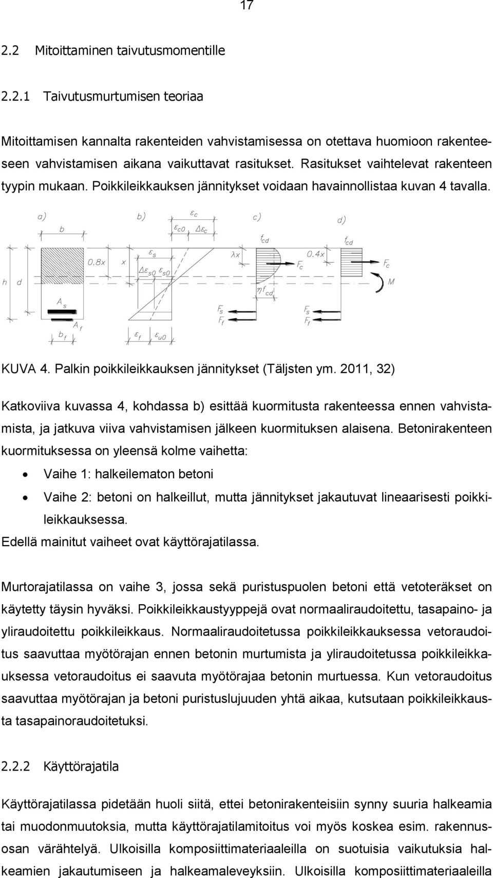 2011, 32) Katkoviiva kuvassa 4, kohdassa b) esittää kuormitusta rakenteessa ennen vahvistamista, ja jatkuva viiva vahvistamisen jälkeen kuormituksen alaisena.