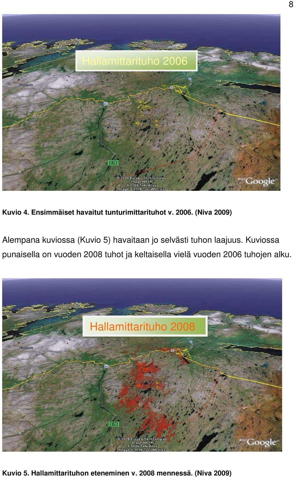 (Niva 2009) Alempana kuviossa (Kuvio 5) havaitaan jo selvästi tuhon laajuus.