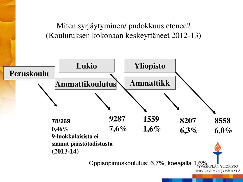 Ammattikoulutus Yliopisto Ammattikk 78/269 0,46% 9-luokkalaisista ei