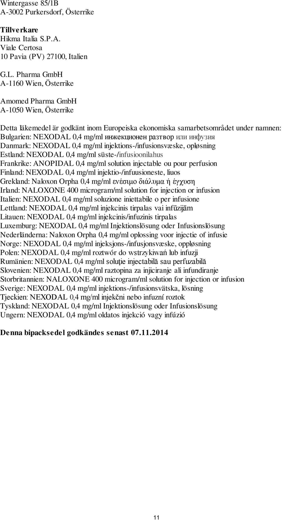 инжекционен разтвор или инфузия Danmark: NEXODAL 0,4 mg/ml injektions-/infusionsvæske, opløsning Estland: NEXODAL 0,4 mg/ml süste-/infusioonilahus Frankrike: ANOPIDAL 0,4 mg/ml solution injectable ou