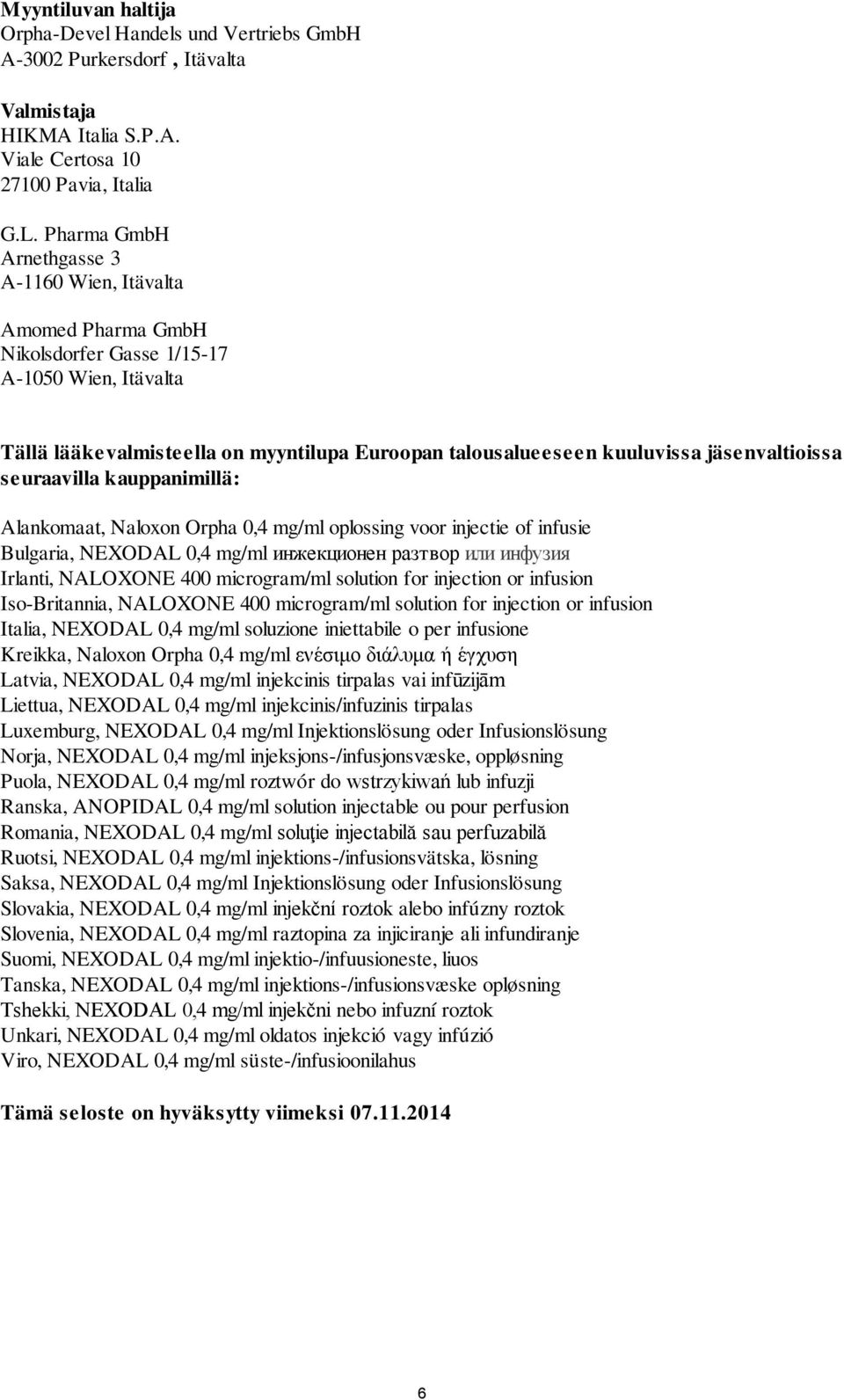 jäsenvaltioissa seuraavilla kauppanimillä: Alankomaat, Naloxon Orpha 0,4 mg/ml oplossing voor injectie of infusie Bulgaria, NEXODAL 0,4 mg/ml инжекционен разтвор или инфузия Irlanti, NALOXONE 400