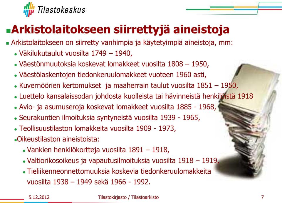 henkilöistä 1918 Avio- ja asumuseroja koskevat lomakkeet vuosilta 1885-1968, Seurakuntien ilmoituksia syntyneistä vuosilta 1939-1965, Teollisuustilaston lomakkeita vuosilta 1909-1973, Oikeustilaston