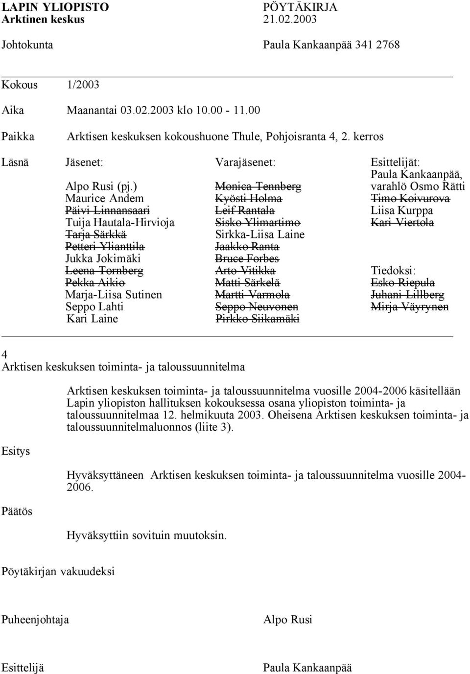 ) Monica Tennberg varahlö Osmo Rätti Maurice Andem Kyösti Holma Timo Koivurova Päivi Linnansaari Leif Rantala Liisa Kurppa Tuija Hautala-Hirvioja Sisko Ylimartimo Kari Viertola Tarja Särkkä