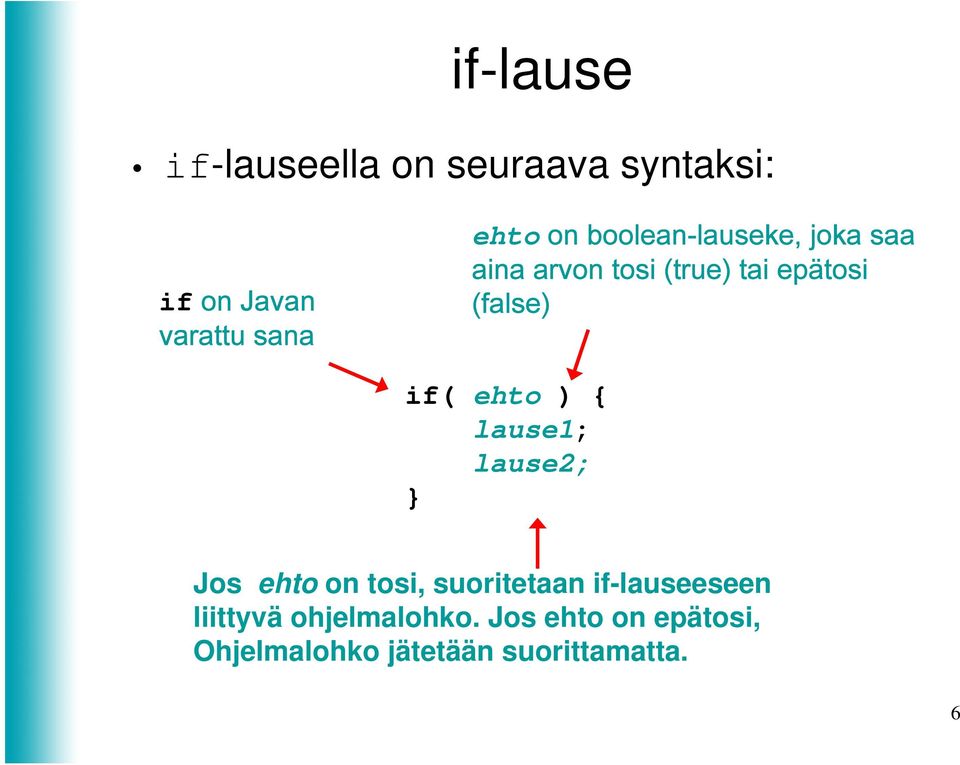 { lause1; lause2; } Jos ehto on tosi, suoritetaan if-lauseeseen liittyvä