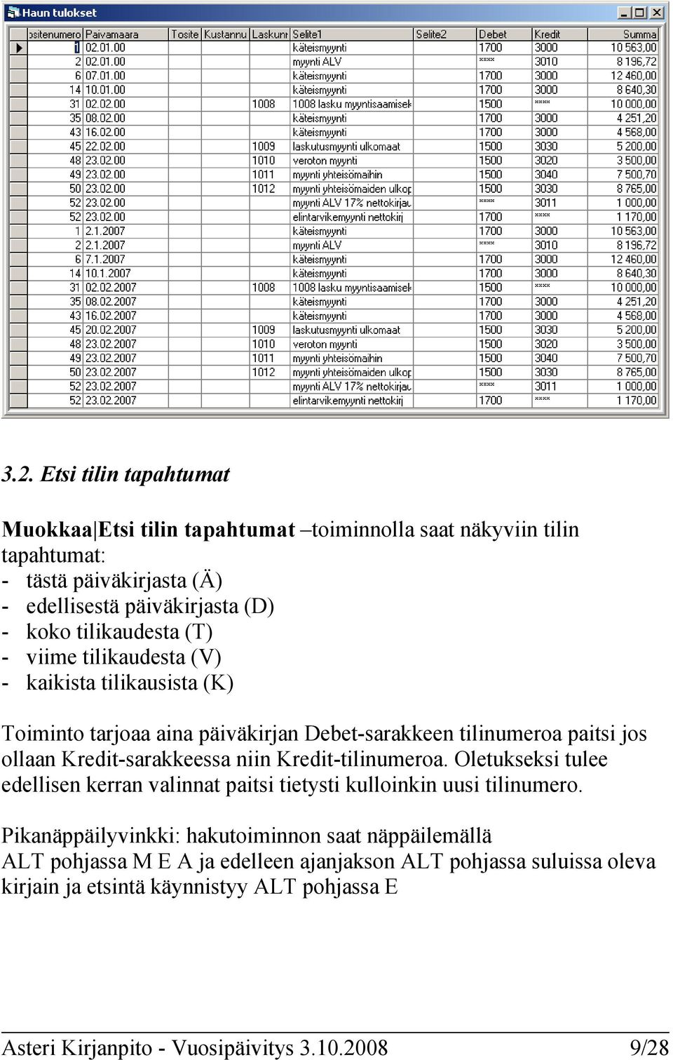 Kredit-sarakkeessa niin Kredit-tilinumeroa. Oletukseksi tulee edellisen kerran valinnat paitsi tietysti kulloinkin uusi tilinumero.