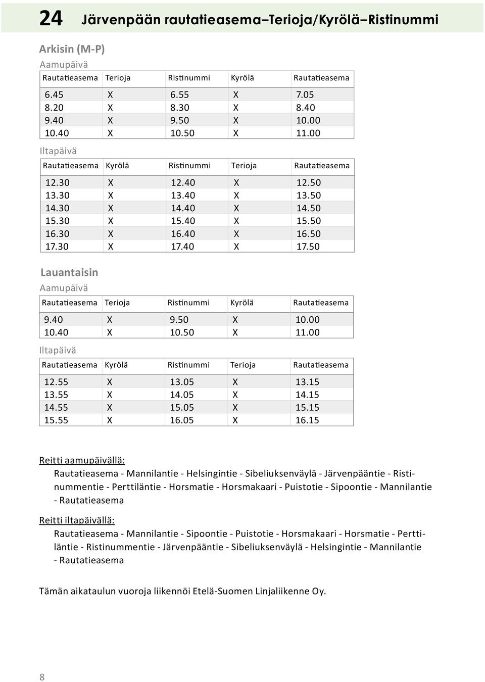 50 Lauantaisin Aamupäivä Terioja Ris nummi Kyrölä 9.40 X 9.50 X 10.00 10.40 X 10.50 X 11.00 Iltapäivä Kyrölä Ris nummi Terioja 12.55 X 13.05 X 13.15 13.55 X 14.05 X 14.15 14.55 X 15.05 X 15.15 15.