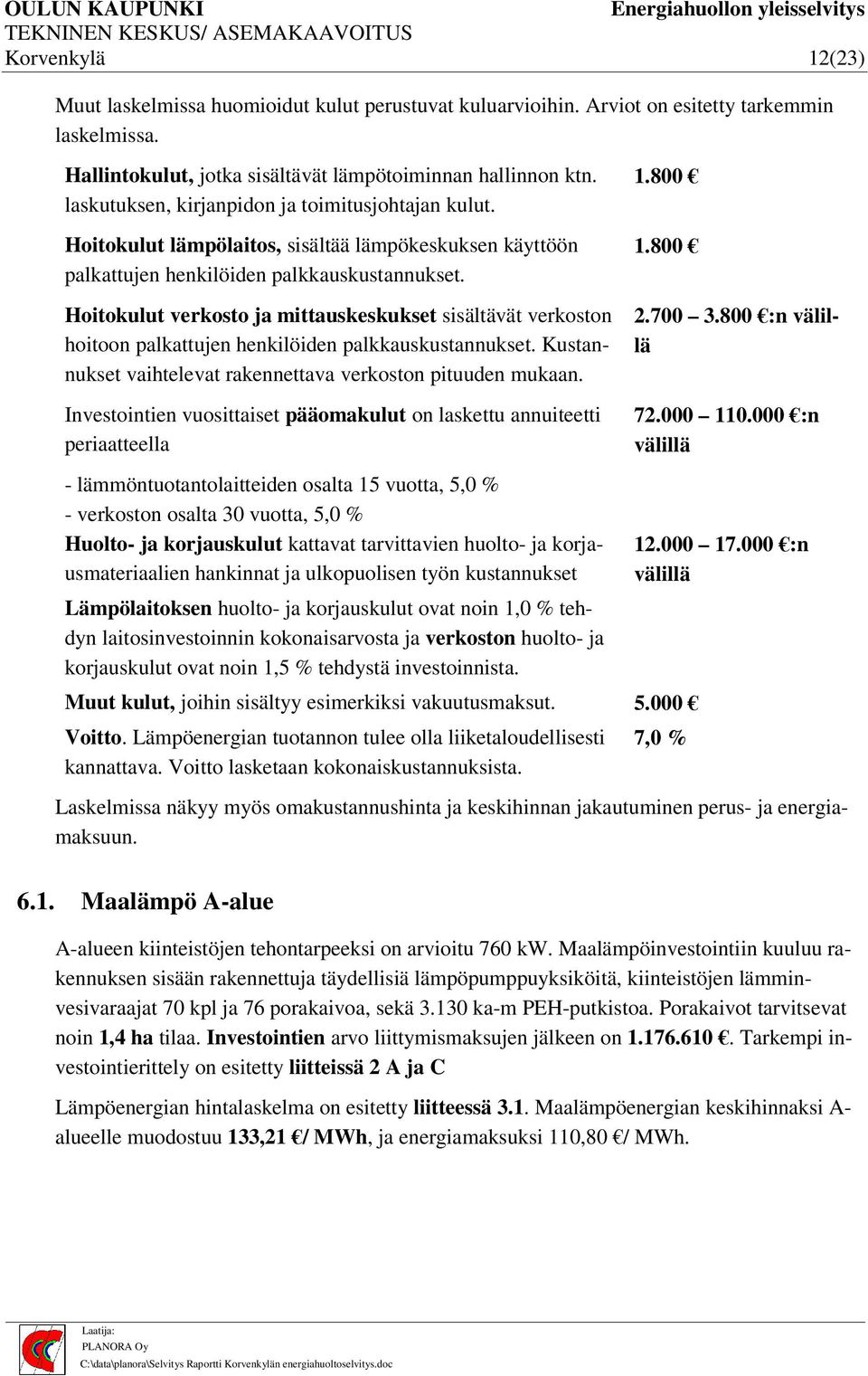 Hoitokulut verkosto ja mittauskeskukset sisältävät verkoston hoitoon palkattujen henkilöiden palkkauskustannukset. Kustannukset vaihtelevat rakennettava verkoston pituuden mukaan. 1.800 1.800 2.700 3.