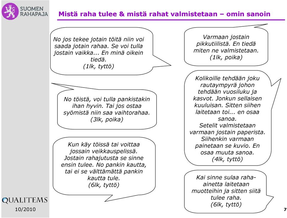 (3lk, poika) Kun käy töissä tai voittaa jossain veikkauspelissä. Jostain rahajutusta se sinne ensin tulee. No pankin kautta, tai ei se välttämättä pankin kautta tule.