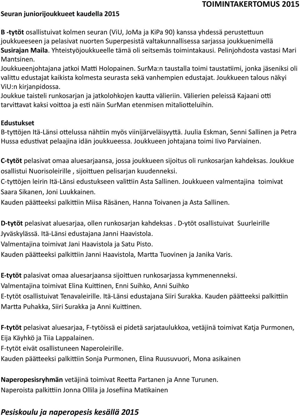 SurMa:n taustalla toimi taustatiimi, jonka jäseniksi oli valittu edustajat kaikista kolmesta seurasta sekä vanhempien edustajat. Joukkueen talous näkyi ViU:n kirjanpidossa.