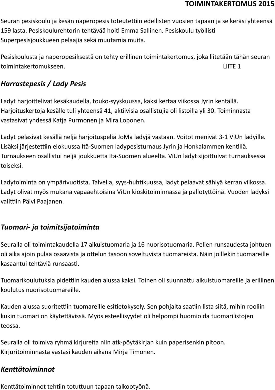 LIITE 1 Harrastepesis / Lady Pesis Ladyt harjoittelivat kesäkaudella, touko-syyskuussa, kaksi kertaa viikossa Jyrin kentällä.