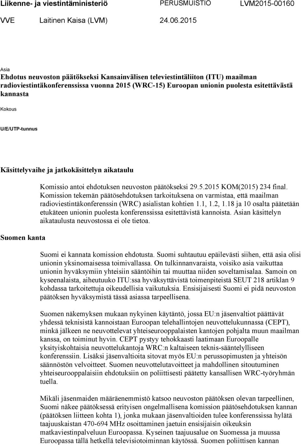 U/E/UTPtunnus Käsittelyvaihe ja jatkokäsittelyn aikataulu Suomen kanta Komissio antoi ehdotuksen neuvoston päätökseksi 29.5.2015 KOM(2015) 234 final.