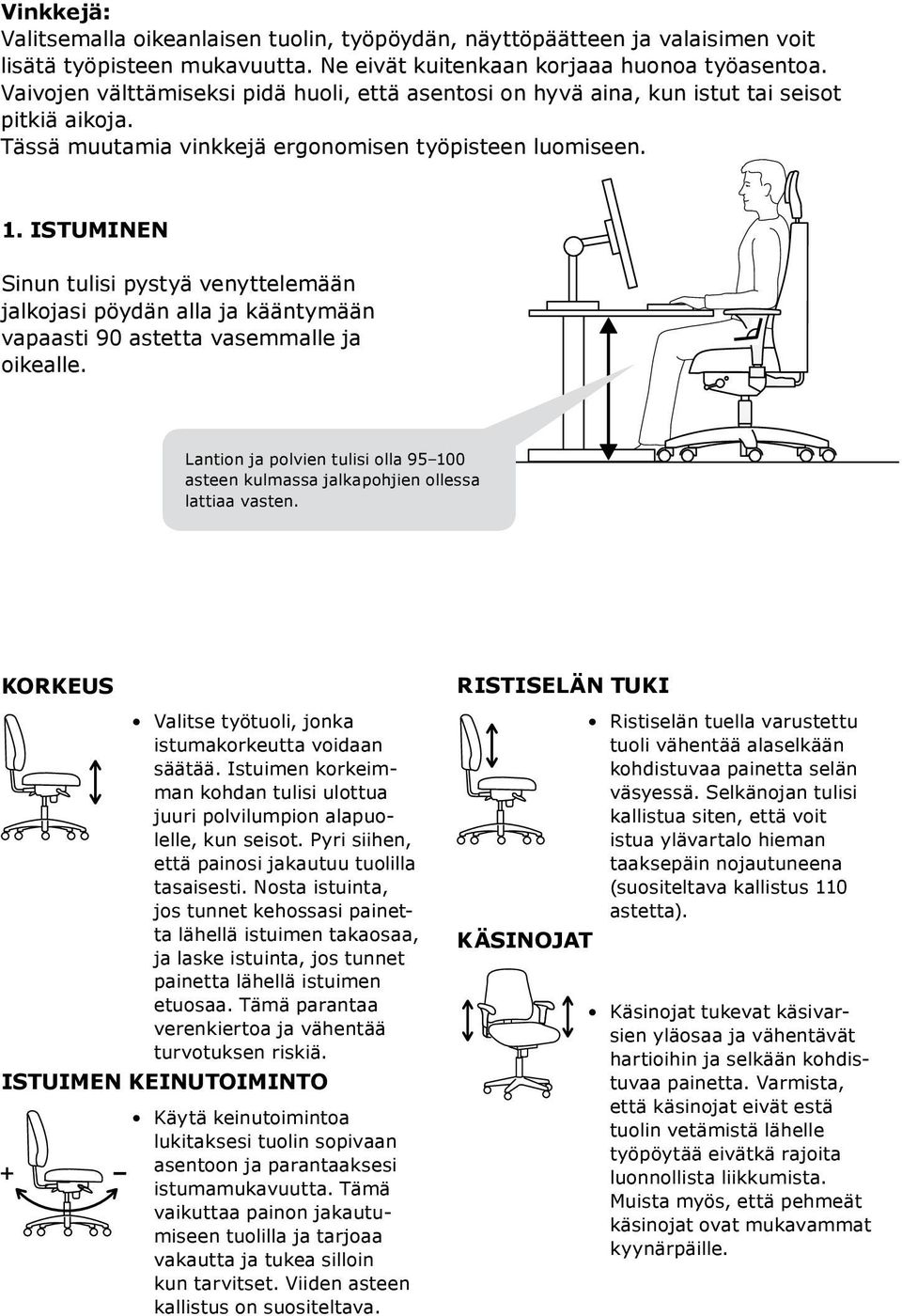 ISTUMINEN Sinun tulisi pystyä venyttelemään jalkojasi pöydän alla ja kääntymään vapaasti 90 astetta vasemmalle ja oikealle.