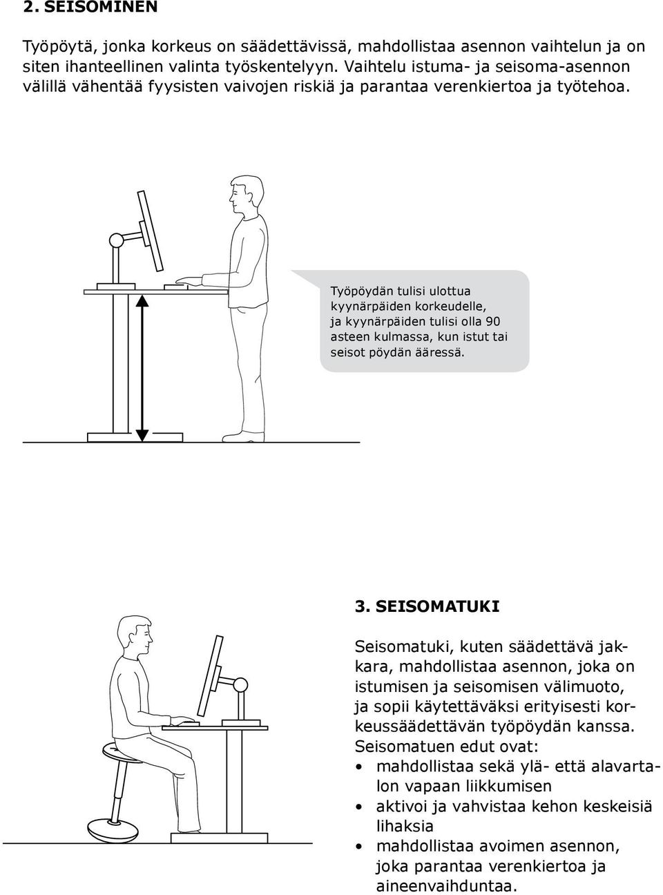 Työpöydän tulisi ulottua kyynärpäiden korkeudelle, ja kyynärpäiden tulisi olla 90 asteen kulmassa, kun istut tai seisot pöydän ääressä. 3.