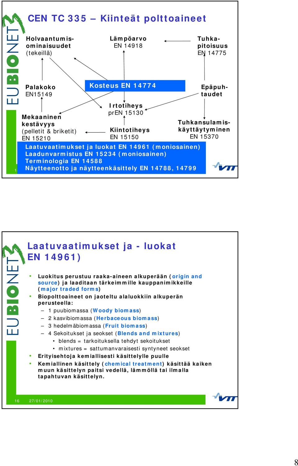 14788, 14799 Epäpuhtaudet Tuhkansulamiskäyttäytyminen EN 15370 Laatuvaatimukset ja - luokat EN 14961) Luokitus perustuu raaka-aineen alkuperään (origin and source) ja laaditaan tärkeimmille