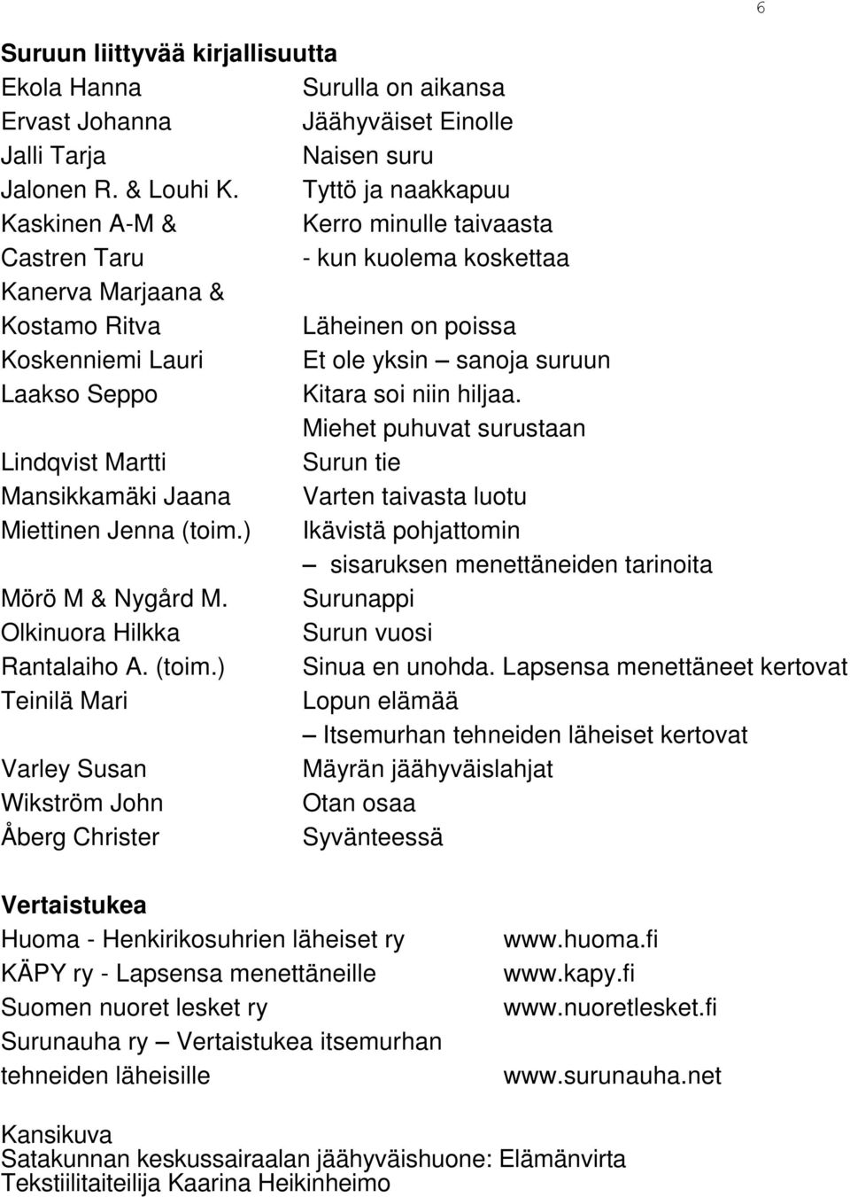 Seppo Kitara soi niin hiljaa. Miehet puhuvat surustaan Lindqvist Martti Surun tie Mansikkamäki Jaana Varten taivasta luotu Miettinen Jenna (toim.