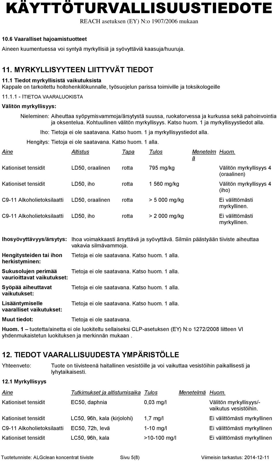 Kohtuullinen välitön myrkyllisyys. Katso huom. 1 ja myrkyllisyystiedot alla. Iho: Katso huom. 1 ja myrkyllisyystiedot alla. Hengitys: Katso huom. 1 alla. Aine Altistus Tapa Tulos Menetelm ä Huom.